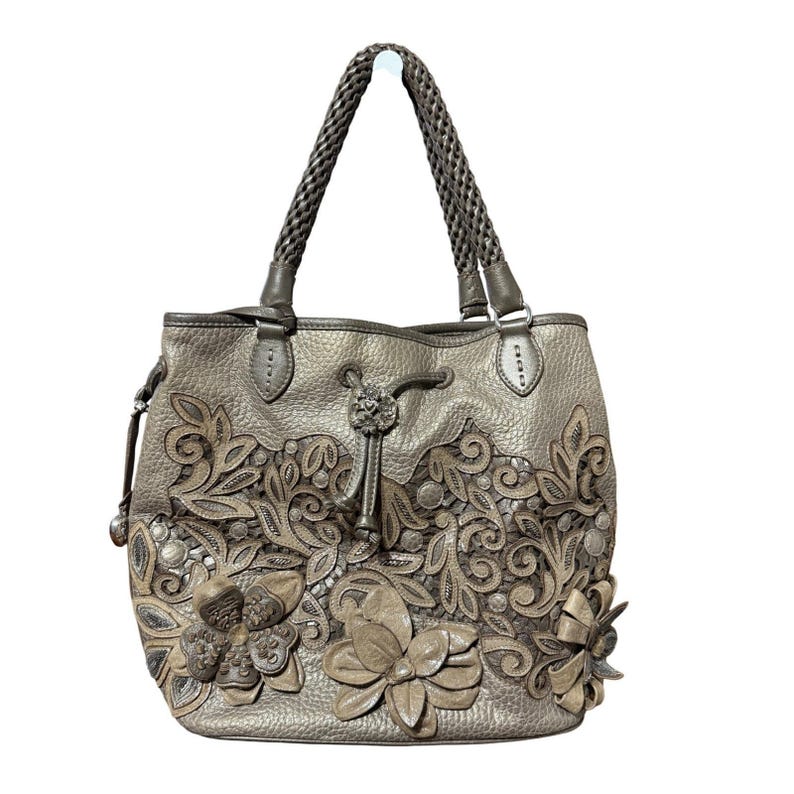 Brighton Leather Pearl Embellished Pewter "Catch the Moon" Bucket Handbag image 2
