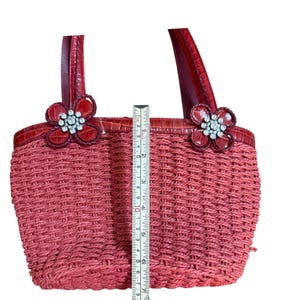Brighton Red Wicker Bucket Purse Rhinestone Floral Accents & Leather Trim image 8