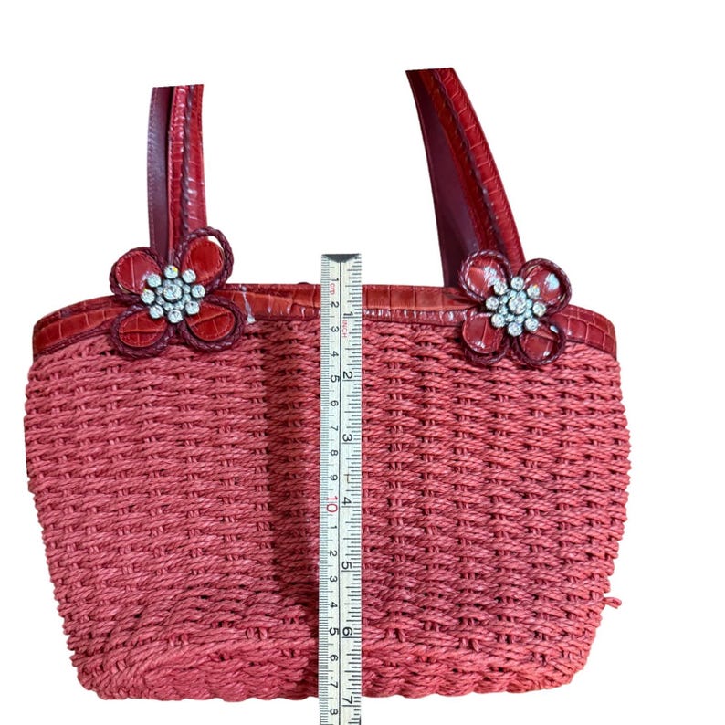Brighton Red Wicker Bucket Purse Rhinestone Floral Accents & Leather Trim image 8