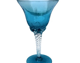 Vintage Turquoise Blue Hand Blown Glass Wine Goblet Clear Air Twist Stem