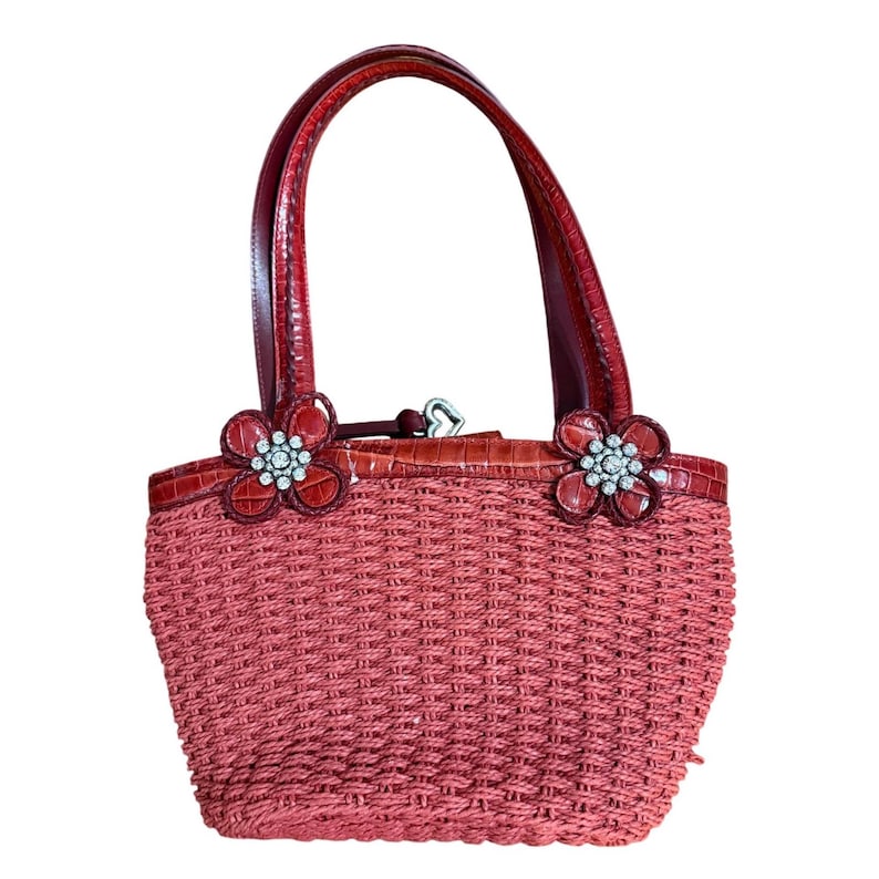Brighton Red Wicker Bucket Purse Rhinestone Floral Accents & Leather Trim image 1