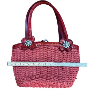 Brighton Red Wicker Bucket Purse Rhinestone Floral Accents & Leather Trim image 10