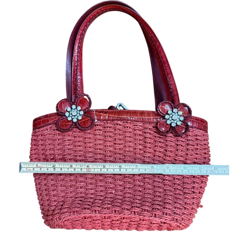 Brighton Red Wicker Bucket Purse Rhinestone Floral Accents & Leather Trim image 10