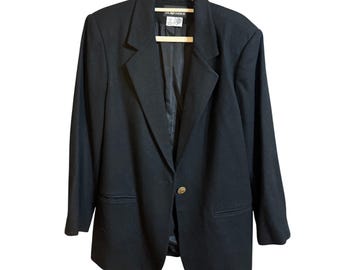 Womens Black 100% Wool Single Button Blazer Gold Crest Button Size 12