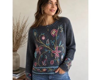 Vintage Wunderlicher Strukturierter Strick Blauer Blumen Gestickter Pullover L