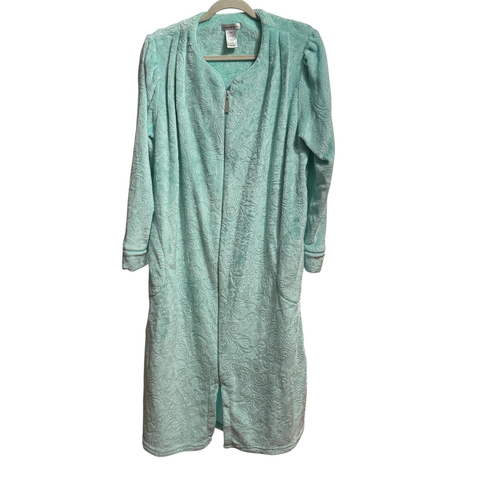 Scroll Zip Robe Jasmine Rose Plush Robe Aqua Blue Scroll Pattern Full Zip Loungewear ...
