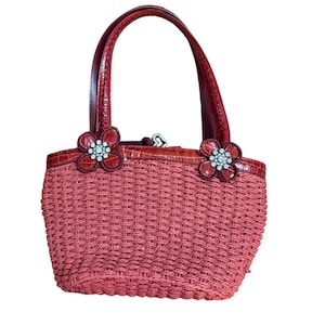 Brighton Red Wicker Bucket Purse Rhinestone Floral Accents & Leather Trim image 11