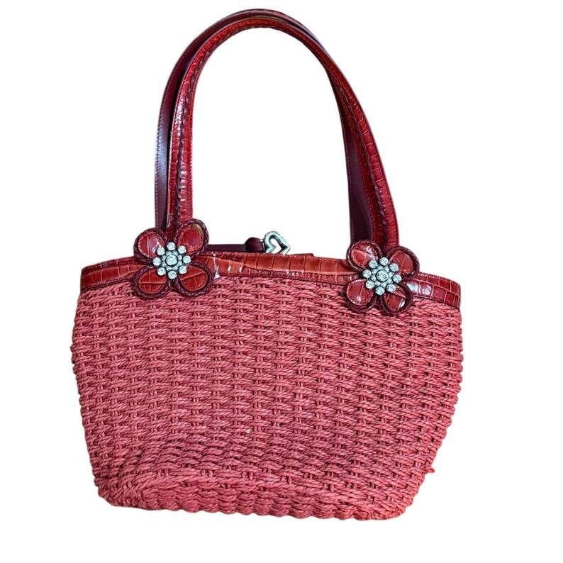 Brighton Red Wicker Bucket Purse Rhinestone Floral Accents & Leather Trim image 11