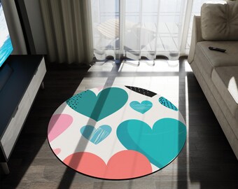 Teal Coral Hearts Runder Teppich | Plüsch Chenille Verspielte Bodenmatte