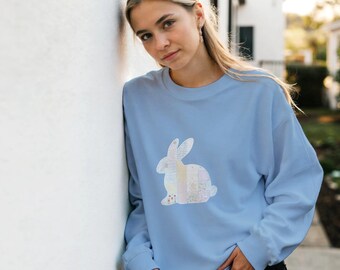 Ostern Gesteppte Patchwork Sweatshirt | Hasenfrühling Pullover | Gemütlicher Pullover Geschenk