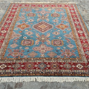 Handmade Afghan Kazak Rug: 8x10 ft Wool, Blue & Red Tribal Design