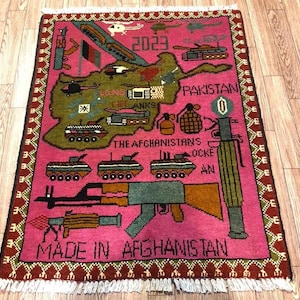 Ręcznie tkany afgański dywan wojenny: różowy wełniany dywan z mapą, 2 x 3 stopy
