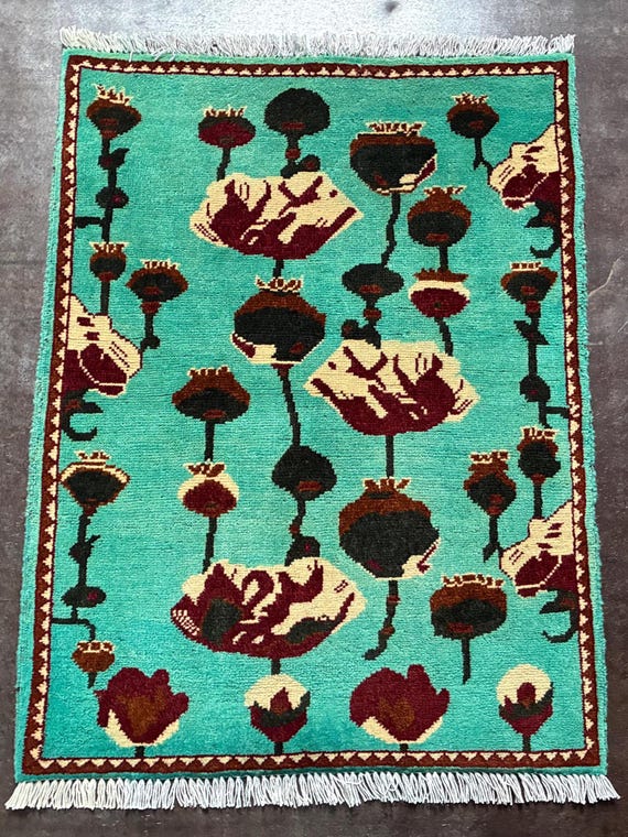 Handmade Afghan War Rug: Turquoise Opium Poppy Design, 2x3 Ft - Etsy