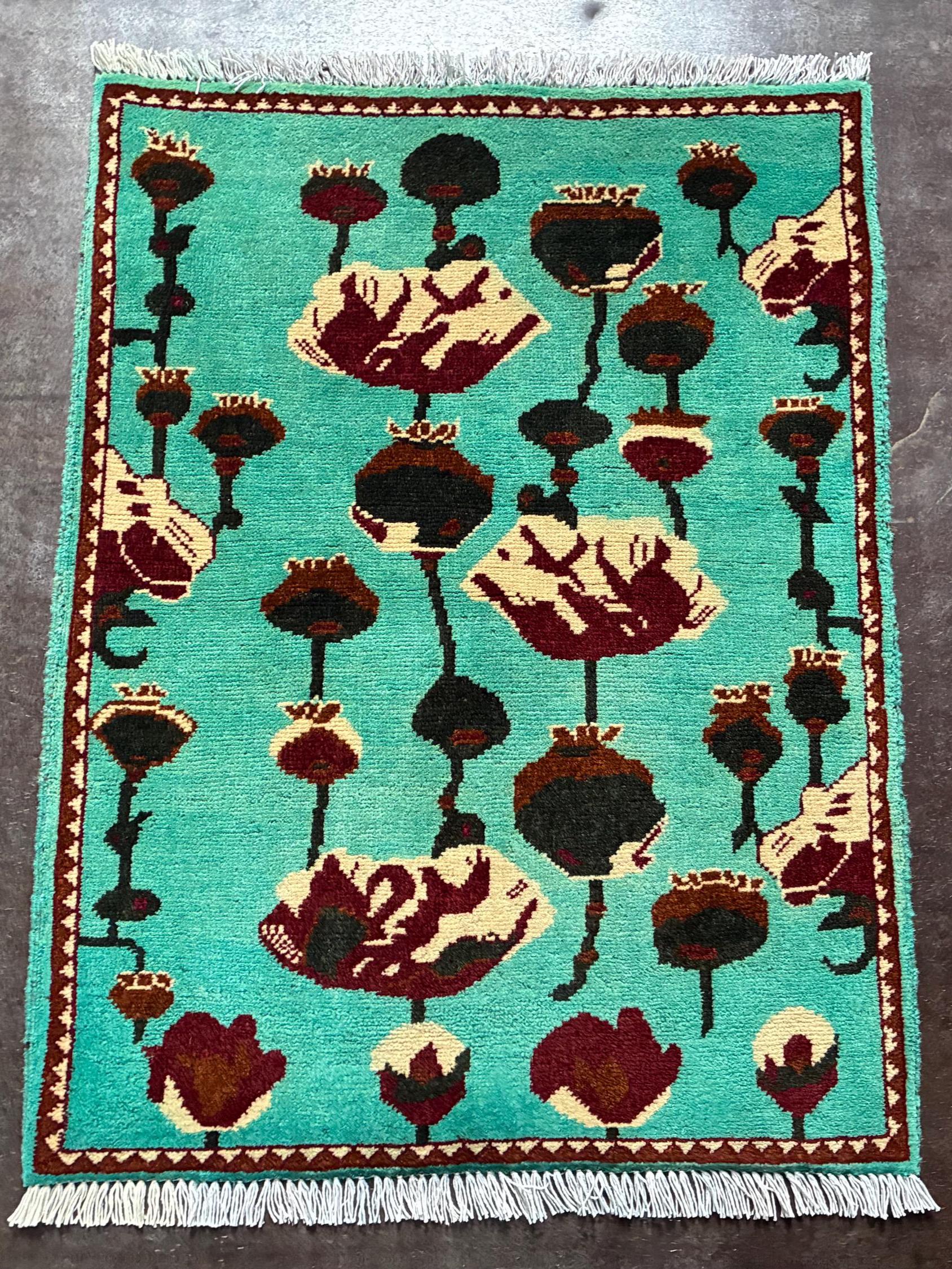 Handmade Afghan War Rug: Turquoise Opium Poppy Design, 2x3 Ft - Etsy