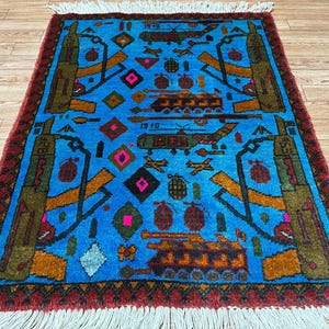 Tappeto da guerra afghano autentico fatto a mano / Tappeto tribale in lana da 2 x 3 piedi / Decorazione artistica di guerra unica