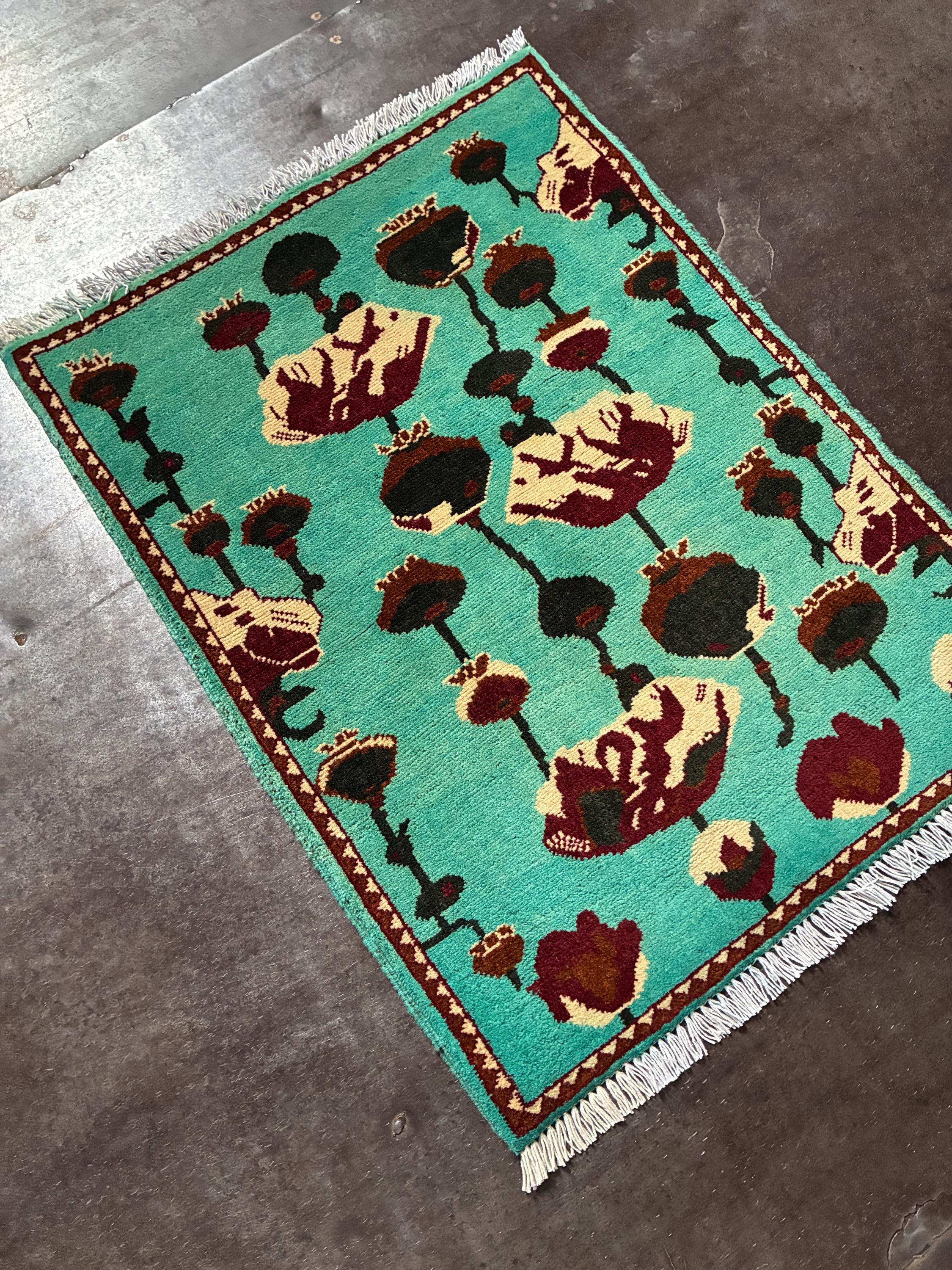 Handmade Afghan War Rug: Turquoise Opium Poppy Design, 2x3 Ft - Etsy