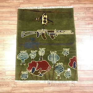 Tappeto da guerra afgano in lana annodato a mano: design militare, 2 x 3 piedi