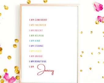 Custom positive affirmations printable, great gift for girls, personalized wall art decor, girl tween teen keepsake gift- primary colors