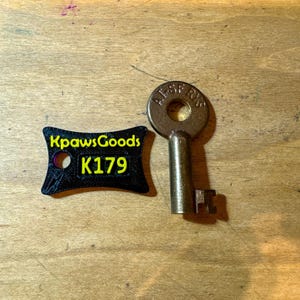 May include: A metallic skeleton key with the text AE-SF RYS embossed on the circular bow, positioned next to a black, bow-tie shaped plastic tag featuring the yellow text KpawsGoods and K179, with a circular hole on the left side of the tag.