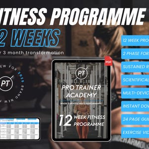 May include: A digital download for a 12-week fitness programme. The programme is designed by Pro Trainer Academy, where expertise meets performance. The programme includes a 24-page guide, exercise videos, and is available for instant download.