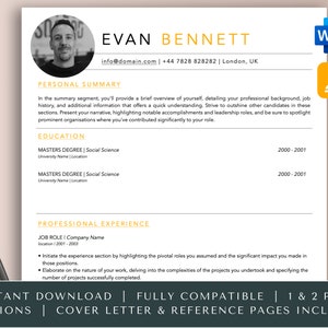 May include: A black and white resume template with a gold accent. The resume is for Evan Bennett and includes contact information, a personal summary, education, and professional experience sections.