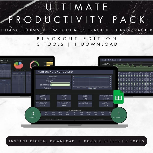 Ultimate Productivity Planner | Dark Mode | Habit Tracker, Finance Planner, Weight Loss Tracker | Google Sheets Daily routine, Goal Setting
