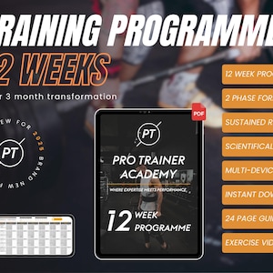 May include: A 12-week training program for fitness, featuring a digital download of a 24-page guide and exercise videos. The program is designed by Pro Trainer Academy, where expertise meets performance.