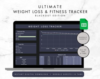 Weight Loss & Fitness Tracker | Dark Mode | Blackout | Calorie Tracker | Meal Planner | Habit Tracker | Digital Workout Planner | Nutrition