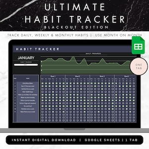Habit Tracker Spreadsheet | Dark Mode Blackout Google Sheets | Day Week & Month Habit Planner | Goal Planner | Simple Tasks Planner