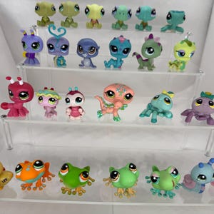 May include: A selection of small, brightly coloured plastic animal figurines, including frogs, lizards, and insects, are displayed on a tiered, clear acrylic shelf. The figurines have large eyes and come in various colours, such as green, orange, and purple.