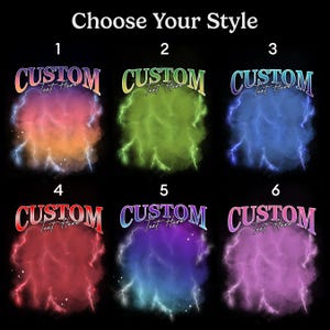 May include: A graphic display titled Choose Your Style featuring six numbered options. Each option shows the word CUSTOM in a bold font above the text Text Here, set against a vibrant, glowing cloud background with lightning bolts.