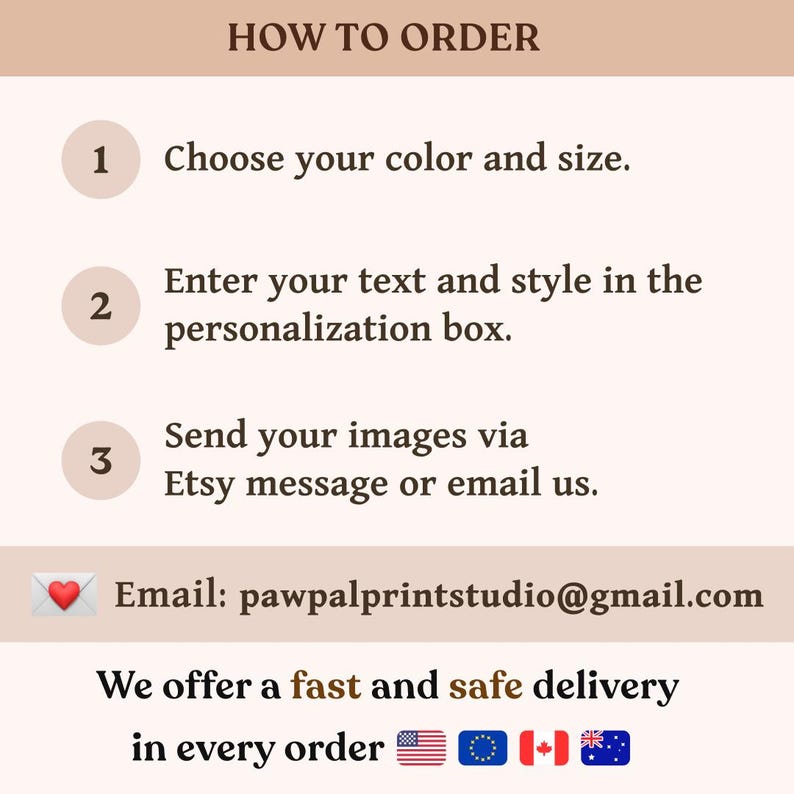 May include: A light pink informational graphic titled HOW TO ORDER with three numbered steps. Step 1: Choose your colour and size. Step 2: Enter your text and style in the personalisation box. Step 3: Send your images via Etsy message or email us.