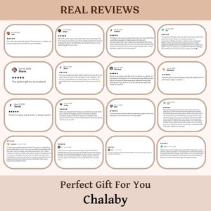 May include: A grid of sixteen customer reviews displayed in rounded rectangular boxes on a light background. The text at the top reads REAL REVIEWS, and the text at the bottom reads Perfect Gift For You Chalaby, featuring five-star ratings.