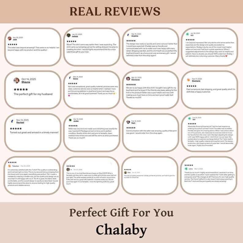 May include: A grid of sixteen customer reviews displayed in rounded rectangular boxes on a light background. The text at the top reads REAL REVIEWS, and the text at the bottom reads Perfect Gift For You Chalaby, featuring five-star ratings.