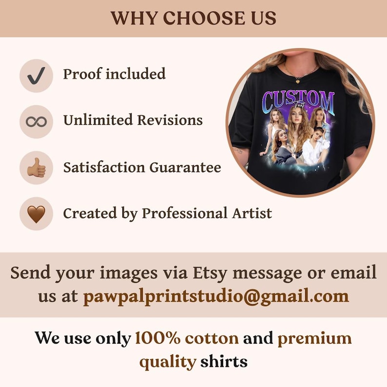 May include: A black t-shirt featuring a custom graphic print with the word CUSTOM in purple and blue letters above a collage of five portraits of a person. The image includes text listing service features and instructions for sending custom images.