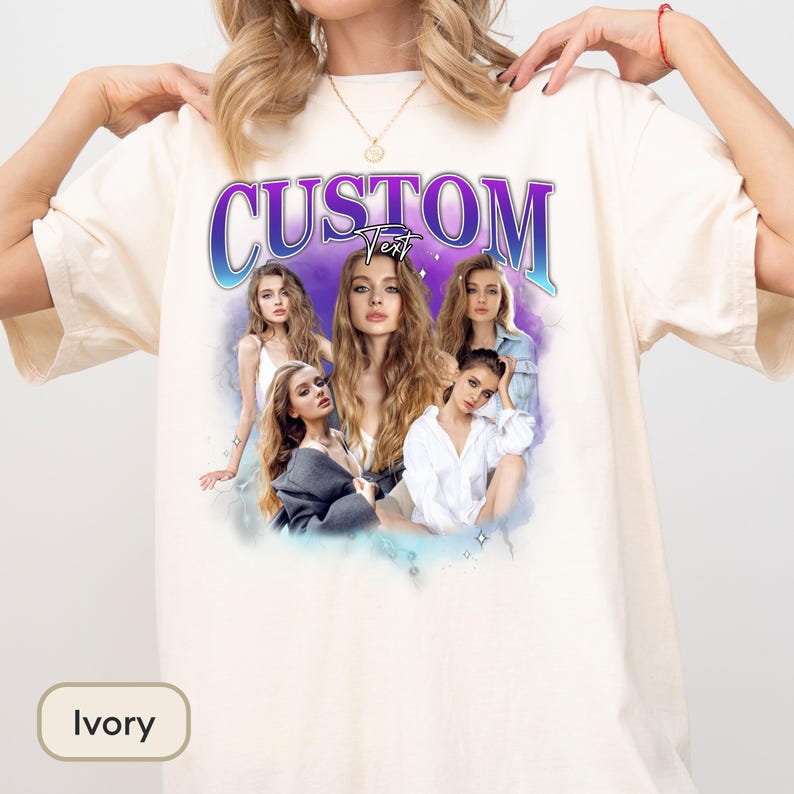 May include: An ivory short-sleeve t-shirt featuring a graphic print with the word CUSTOM in large purple and blue gradient letters. Below the text, a collage of five photographs of the same person with long wavy hair is set against a purple cloud.