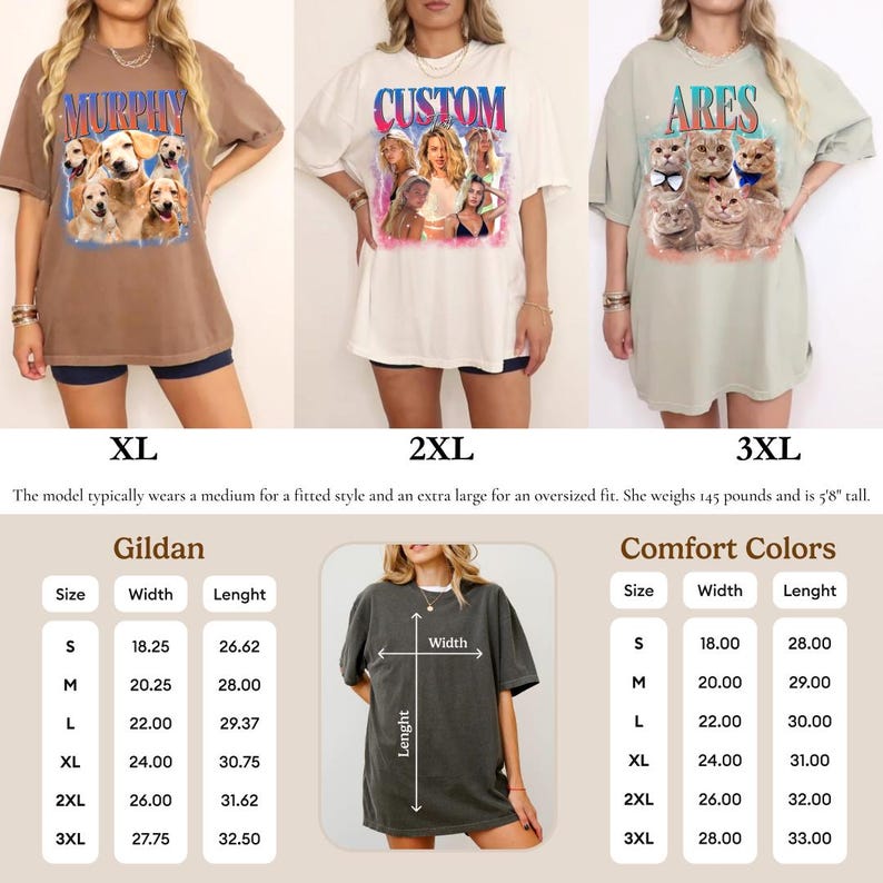 May include: Three oversized t-shirts in brown, white, and light green featuring graphic prints of dogs, people, and cats with text reading Murphy, Custom, and Ares. A dark grey t-shirt shows width and length measurements in inches for sizing.