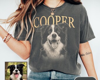 Custom Pet Portrait T-Shirt, Comfort Colors Vintage Dog Tee, Personalized Pet Memorial Shirt