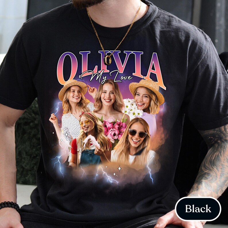 May include: A black t-shirt featuring a graphic print with the text OLIVIA My Love in a gradient font. The design includes a collage of five smiling individuals in various settings, surrounded by blue lightning bolts and a purple sunset background.