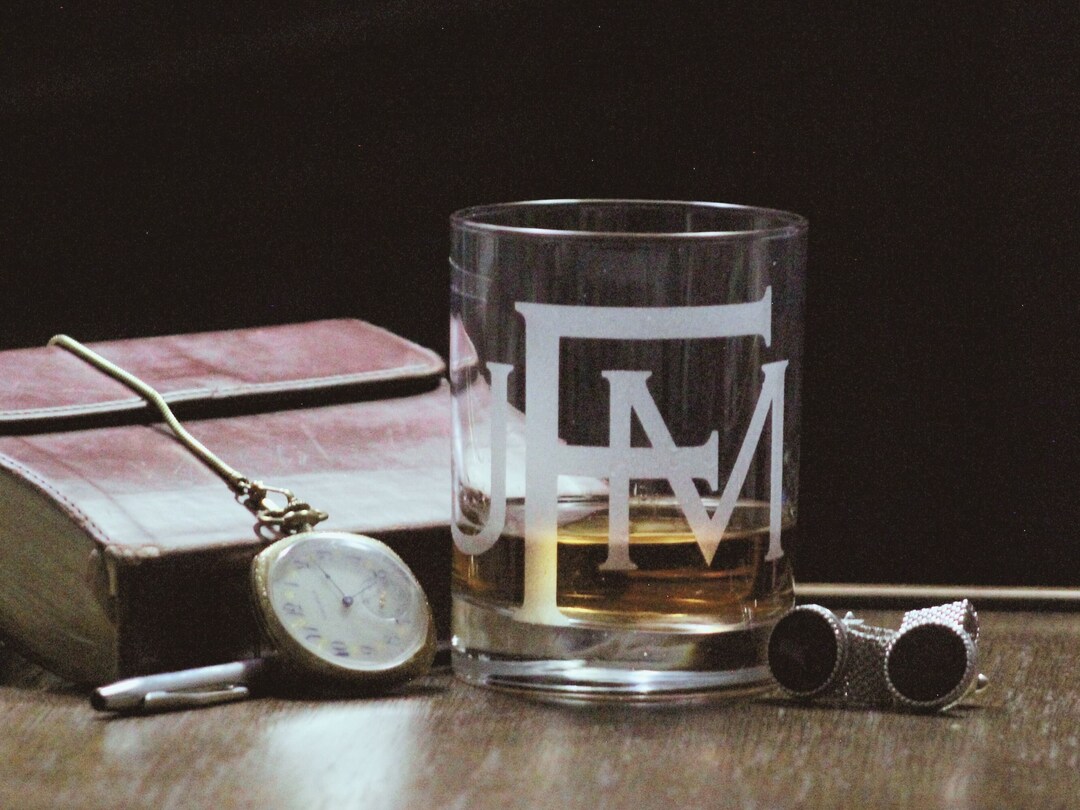 Heavy Base Rocks Glass, Customizable, Premium Sandblast Etched Initials ...