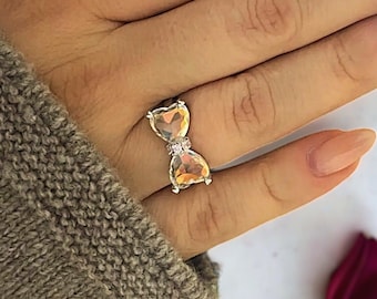 Butterfly Bow Statement Ring | Quartz Crystal Silver Bowtie Ring | Large Rainbow Quartz Stone | Pave CZ Diamond Setting | Valentines Day