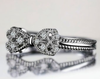 Diamond Bow Ring | Crystal Silver Tie Ring | Ridged Band | CZ Diamond Ribbon Ring | Bowknot Ring | Sparkling Ribbon Ring | Valentines Day