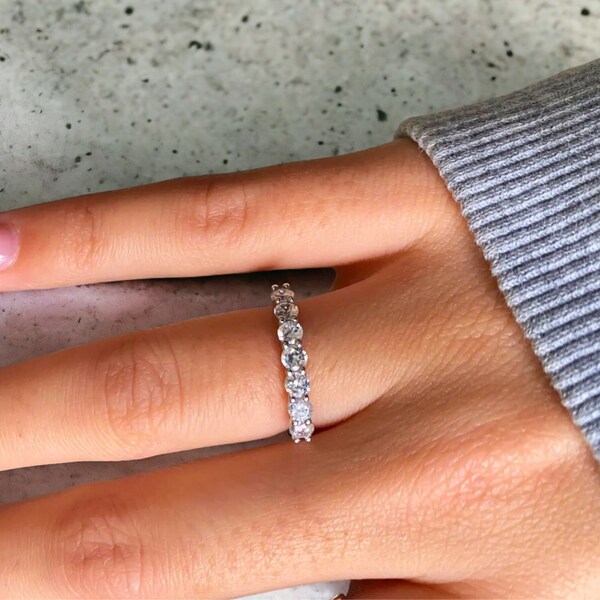 Silver Diamond Stacking Ring | Half Eternity Band | Dainty Promise Ring | Floating Silver Wedding Ring | Anniversary Gift | Valentines Day