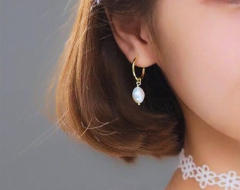 Baroque Pearl Hoop Earrings | Pearl Drop Huggie Earrings | 14K Gold | Sterling Silver