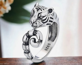 Silver Tiger Head Adjustable Ring | Unisex Wraparound Detailed Ring | Animal Cat Ring | Tiger Head Statement Ring | Finger Hugging Band