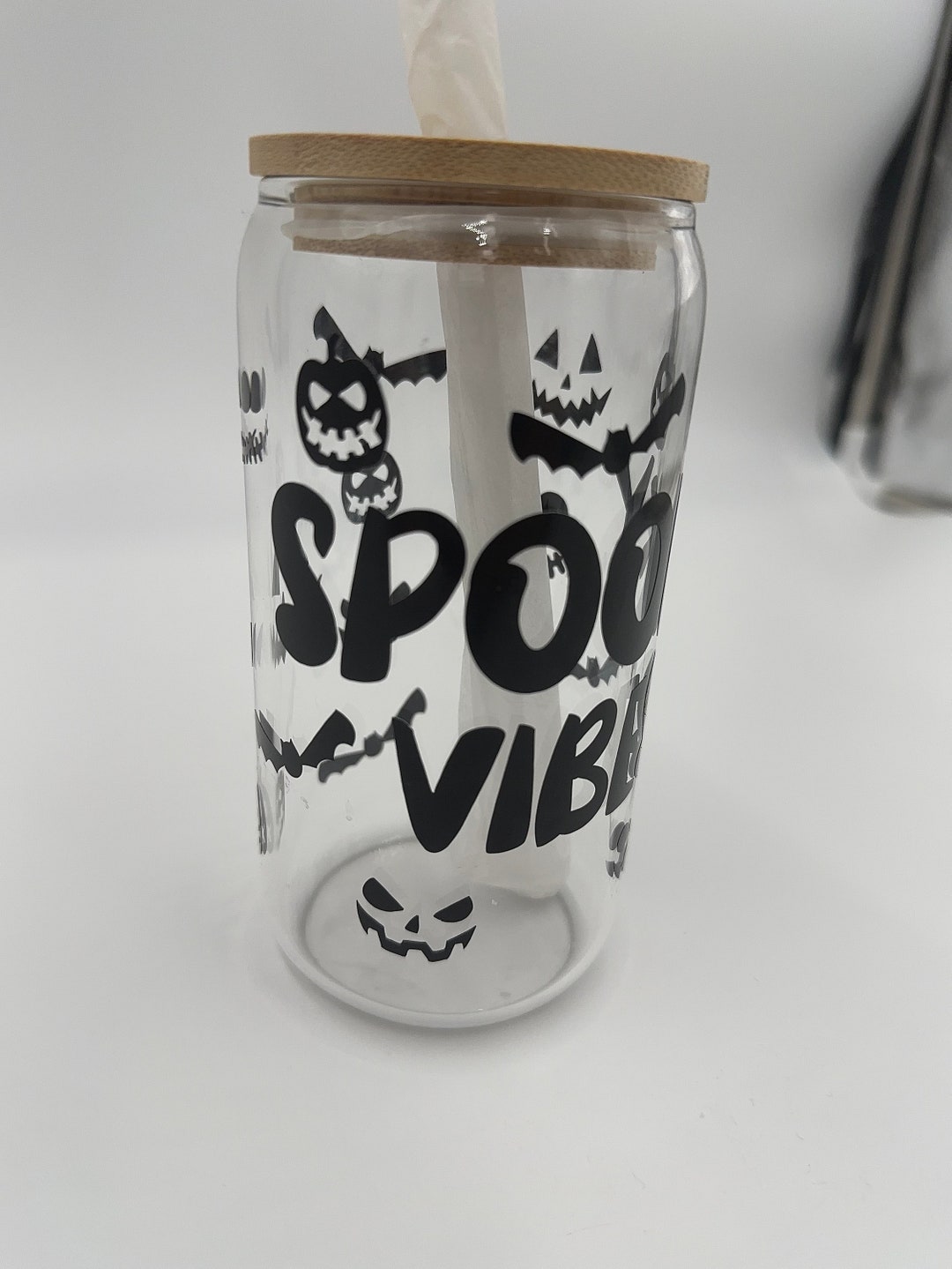 Spooky Vibes Iced Coffee Cup With Bamboo Lid and Glass Straw - 16oz - Etsy