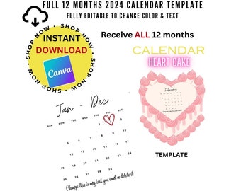 2024 FULL 12 MONTHS Calendar TEMPLATE Heart Cake | Burnaway Cake | Birthdays, Anniversary, Valentine’s Day | Jan - Dec 2024 - Fully Editable