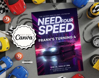 Invitación de carreras para el 4.º cumpleaños, invitación de Need Four Speed, invitación imprimible para fiesta de Need 4 Speed, tarjeta de cumpleaños de carreras para niños