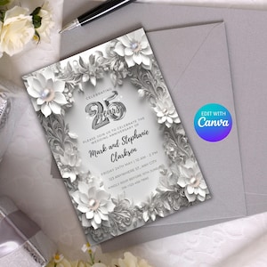Hochzeitseinladung 25 Jahre - Elegante Silberhochzeitskarten, modernes druckbares Design