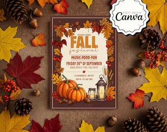 Fall Fest-flyer, uitnodiging kerkherfstfestival, herfstoogst fundraiser uitnodigen, Community Fall Party-flyer, afdrukbare Harvest Fest-templ